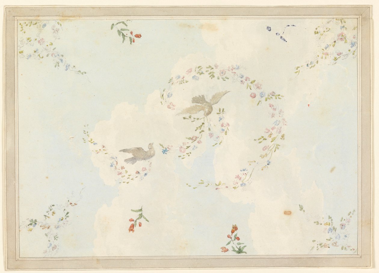 Tekening, plafondontwerp met duiven en bloemenkransen, mogelijk voor de entreehal, 1815-22 door Unknown artistUnknown artist