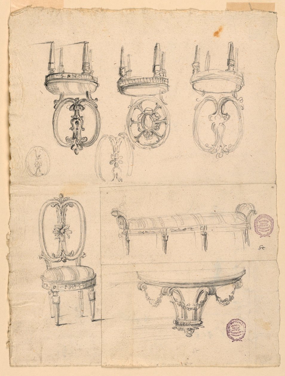 Tekening, stoelen en architectuurschetsen, ca. 1800 door Unknown artistUnknown artist
