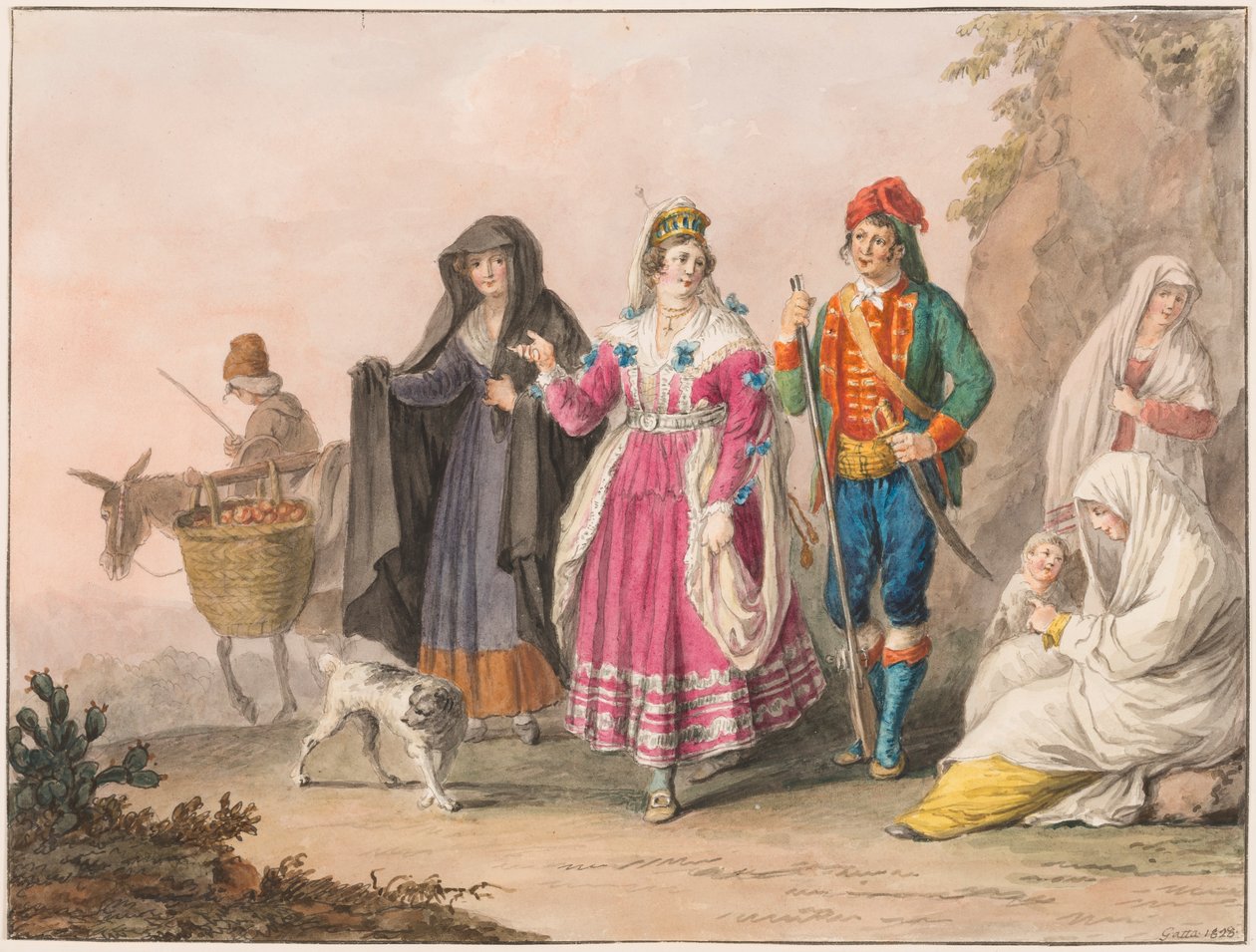 Tekening, Klederdracht van Sicilië, 1828 door Unknown artistUnknown artist