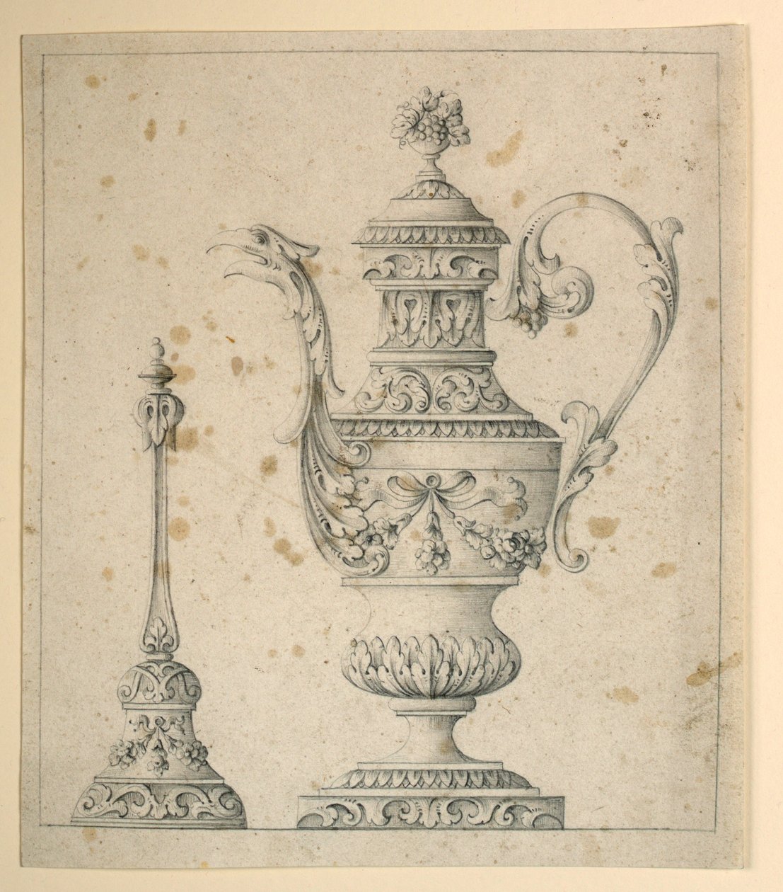 Tekening, Versierde kruik en handbel, 1860-80 door Unknown artistUnknown artist