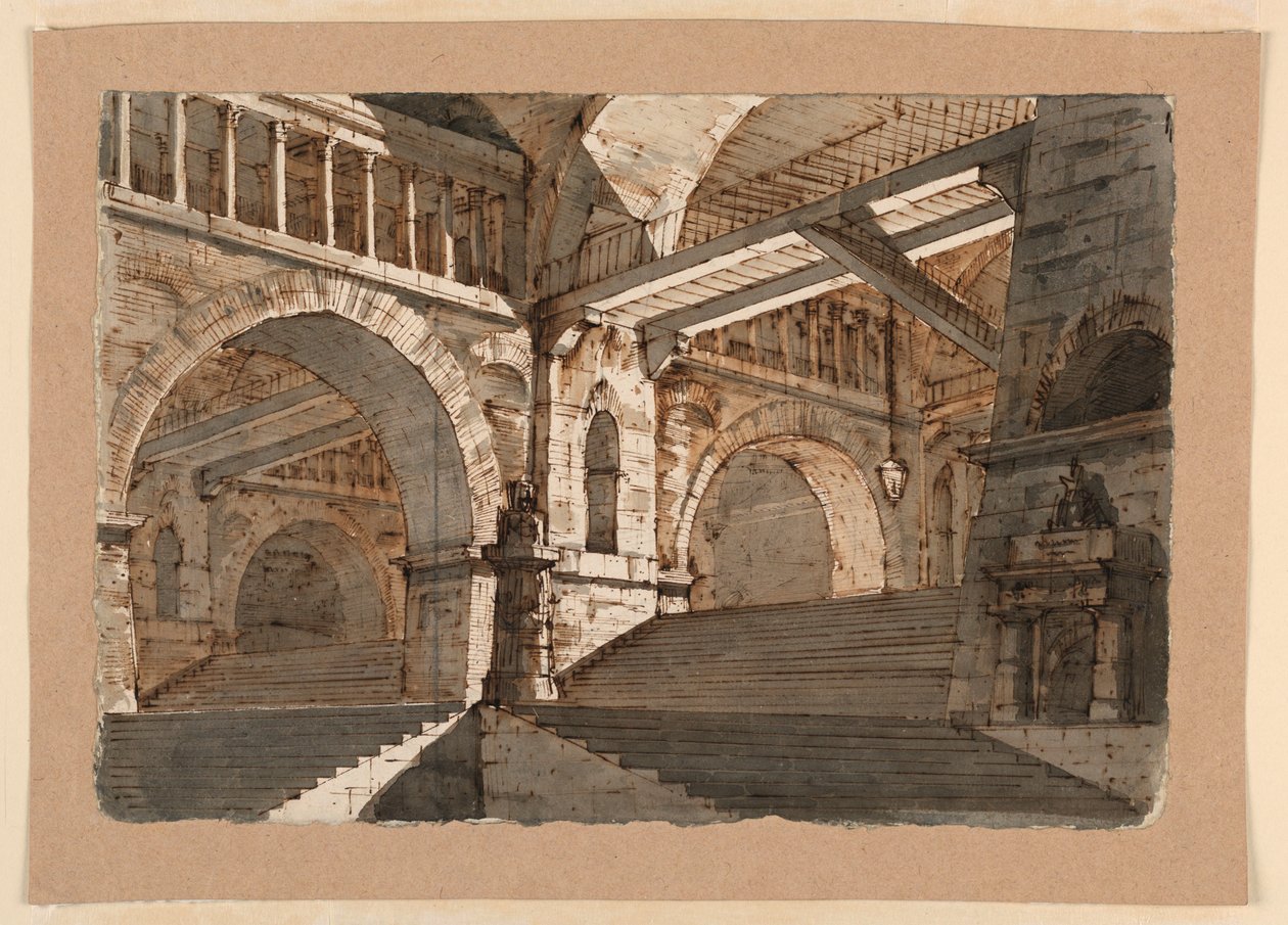 Tekening, Toneelontwerp, Ondergrondse trappen en galerijen van een versterkt paleis, ca. 1800 door Unknown artistUnknown artist