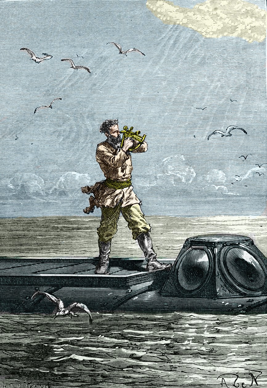 20.000 mijlen onder zee. Kapitein Nemo op de onderzeeër "Nautilus". Illustratie uit de roman van Jules Verne "Twintigduizend mijlen onder de zee" door Unknown artist