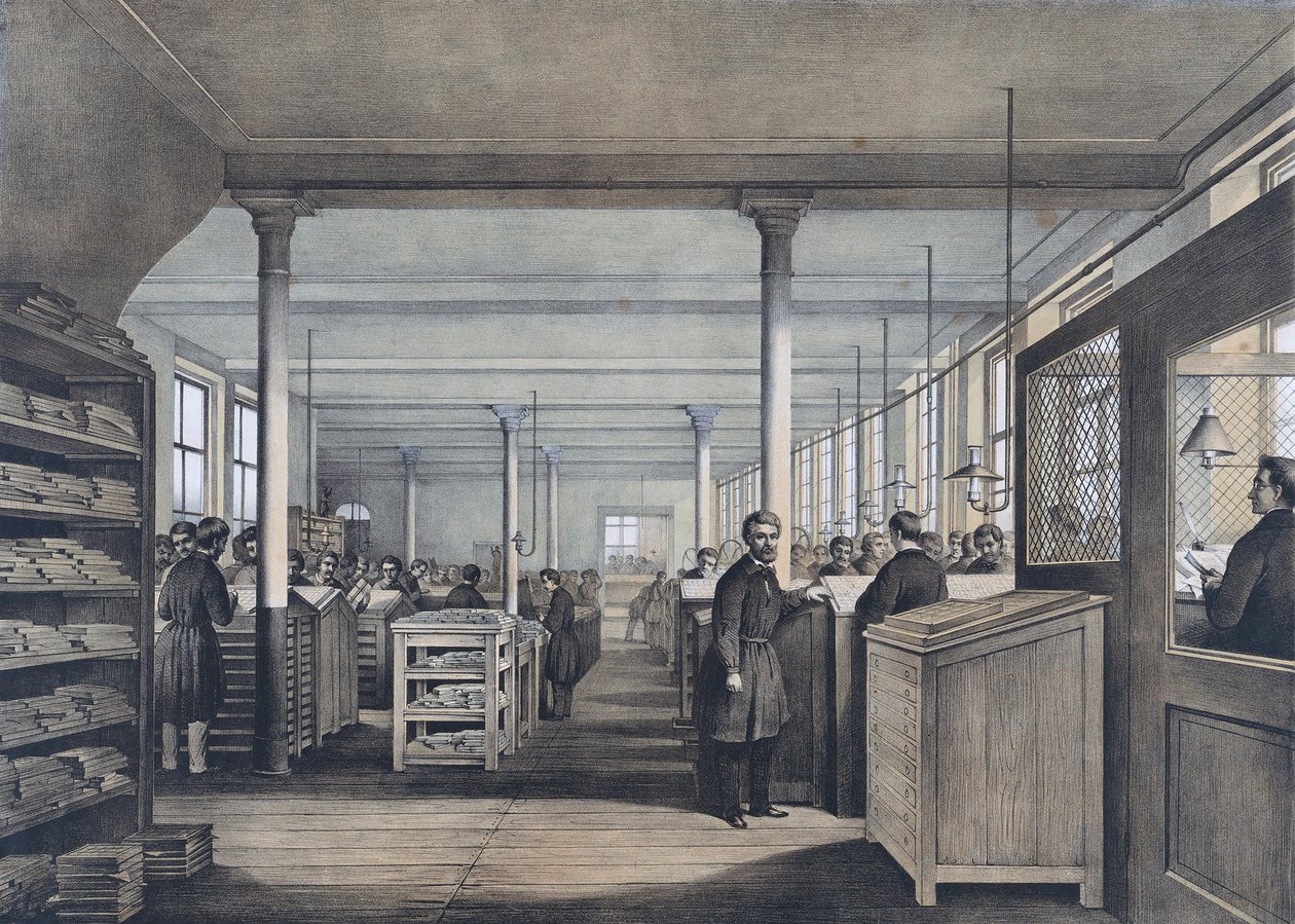 Een 19e-eeuwse Europese drukkerij door Unknown artist