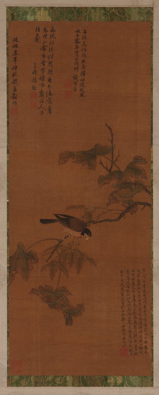 Een vogel op een bladerige tak door Unknown artist