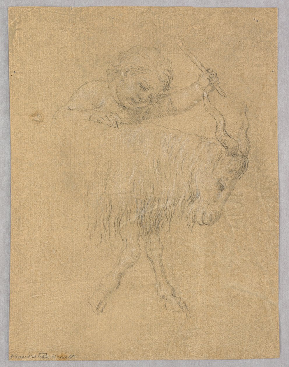 Een jongen die een geit bestuurt door Unknown artist
