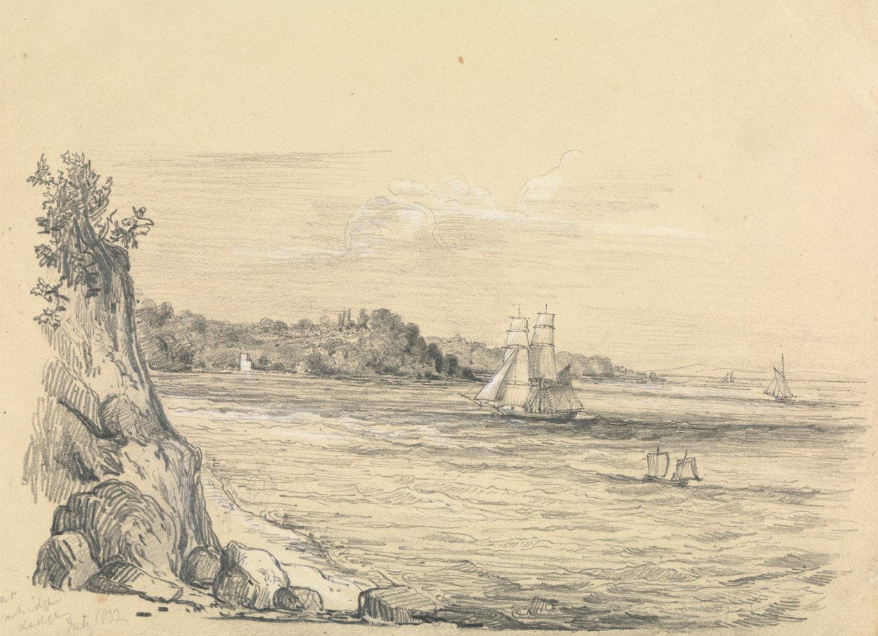 Een kustlijn met schepen op zee door Unknown artist