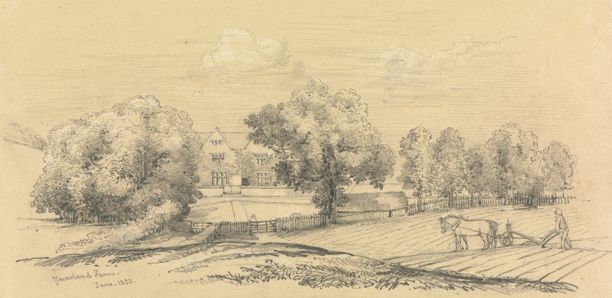 Een Boerderij met Boer en Zijn Paard en Ploeg op de Voorgrond door Unknown artist