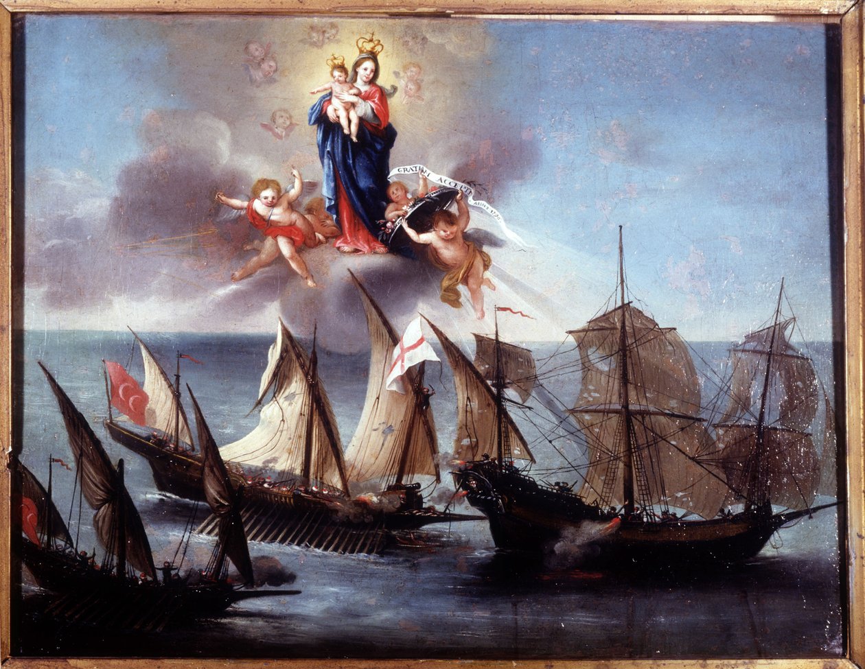 Een Genua-boot aangevallen door een galei en een barbaarse half-galij. Ex-voto 1796. Museo navale di Genova-Pegli door Unknown artist