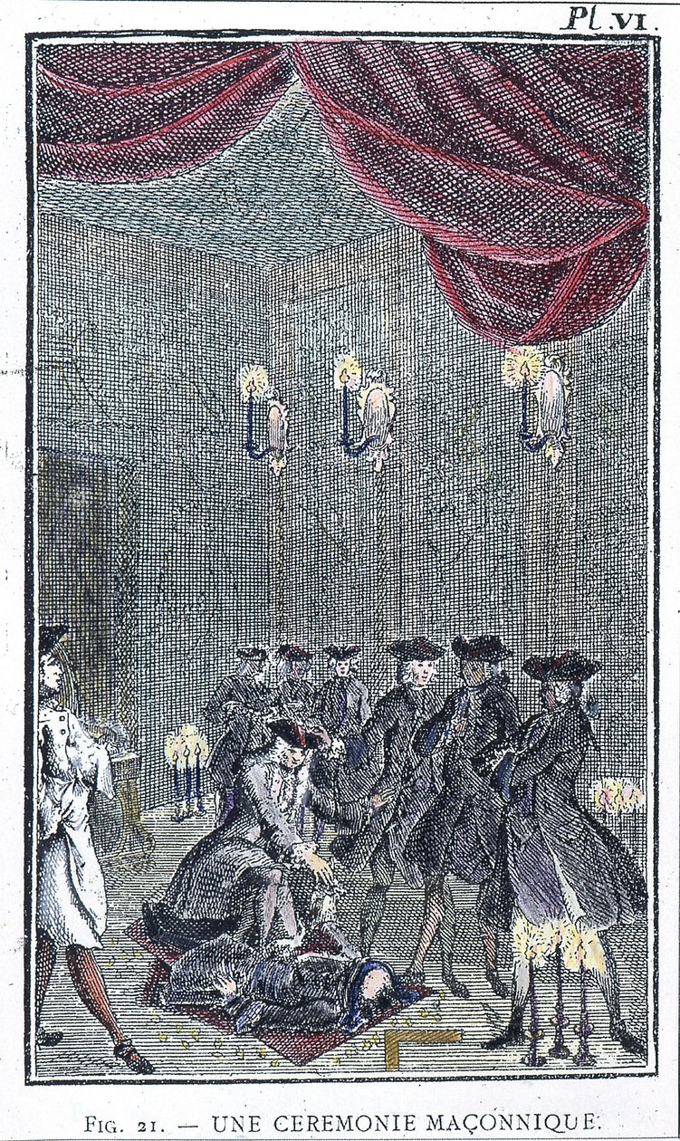 Een vrijmetselaarsceremonie - gebaseerd op een gravure uit de collectie van "Orde van de Verraden Vrijmetselaars" door Vader Perau door Unknown artist