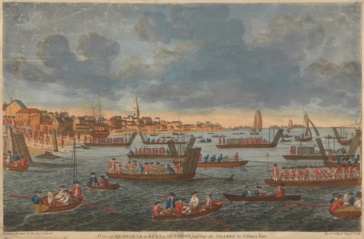 Een Uitzicht op Gravesend in Kent, met Troepen die de Theems Oversteken naar Tilbury Fort door Unknown artist