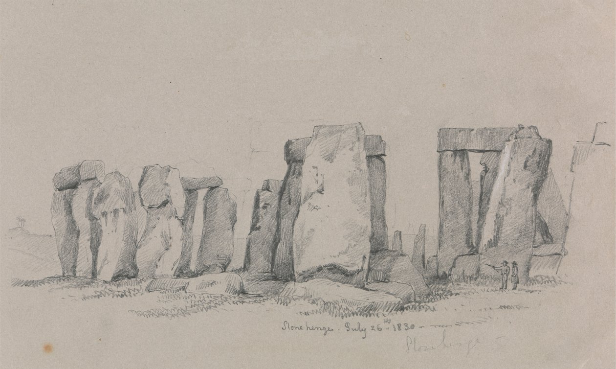 Een uitzicht op Stonehenge met twee figuren op de voorgrond door Unknown artist