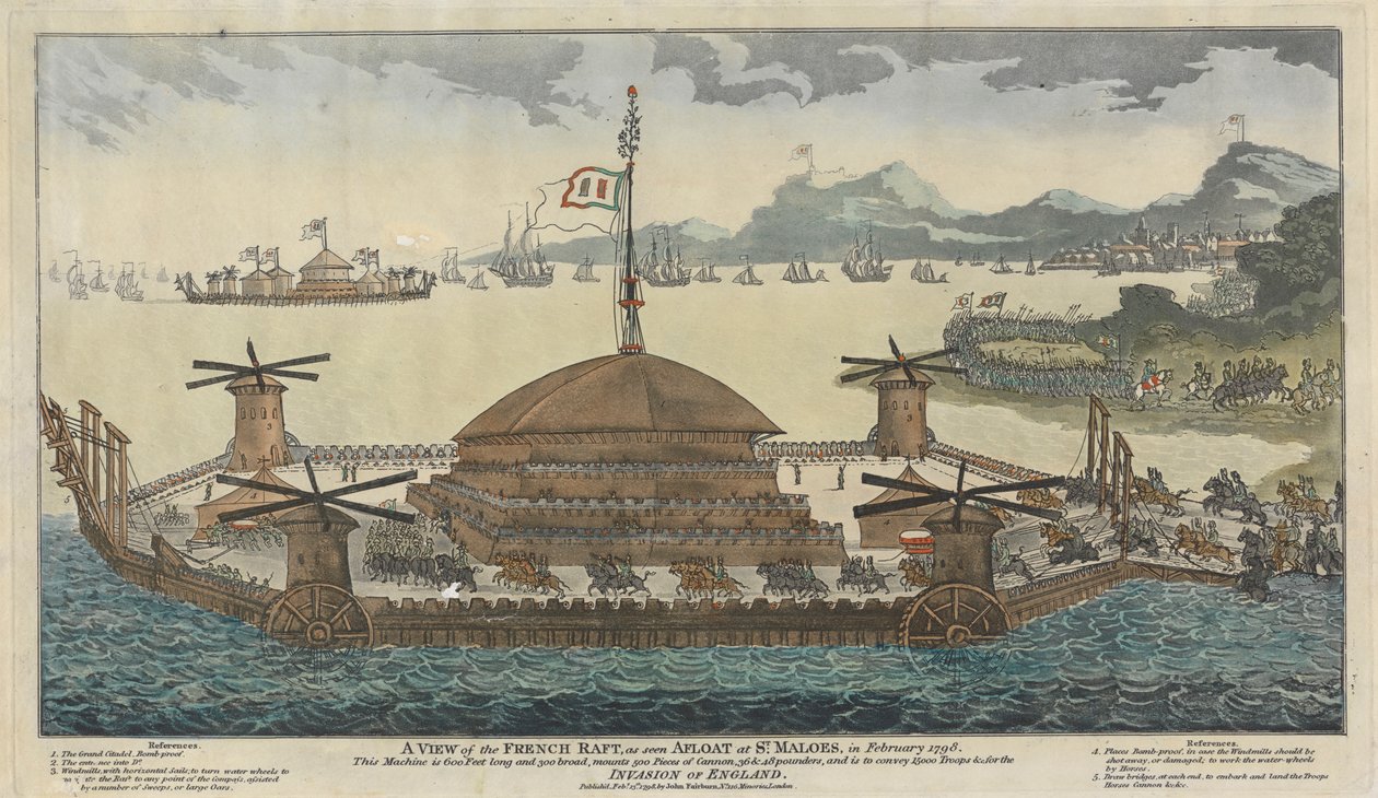 Een uitzicht op het Franse vlot, zoals gezien drijvend bij St. Maloes, in februari 1798. De machine is 600 voet lang en 300 breed, monteert 500 kanonnen, 36 & 48-ponders, en is bedoeld om 15.000 troepen te vervoeren voor de invasie van Engeland. door Unknown artist