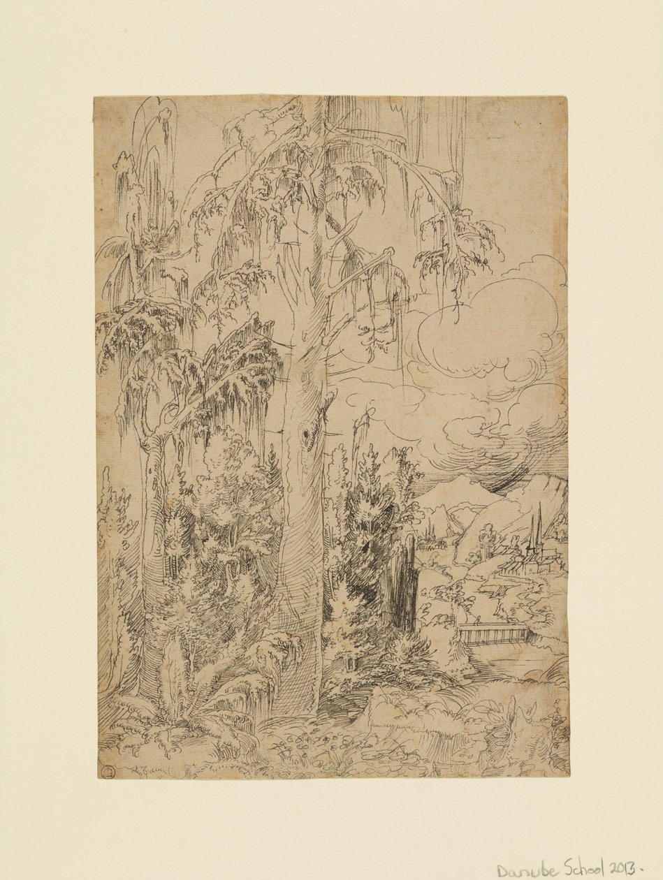 Een bosrijk landschap met een stad achter een brug en bergen in de verte door Unknown artist