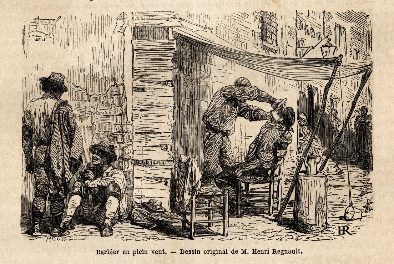 Een kapper in de wind in de straten van Rome. Gravure ter illustratie van de reis naar Rome, door Francis Wey, in 1864-1868, gepubliceerd in 