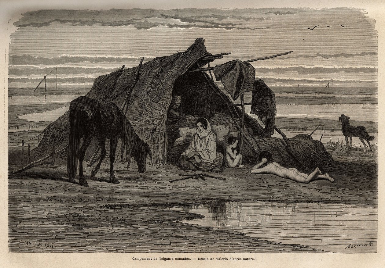 Een kamp van nomadische zigeuners in de vlakten van Noord-Bosnië. Gravure ter illustratie van de reisherinneringen onder de zuidelijke Slaven, door Georges Perrot, in 1868, gepubliceerd in 