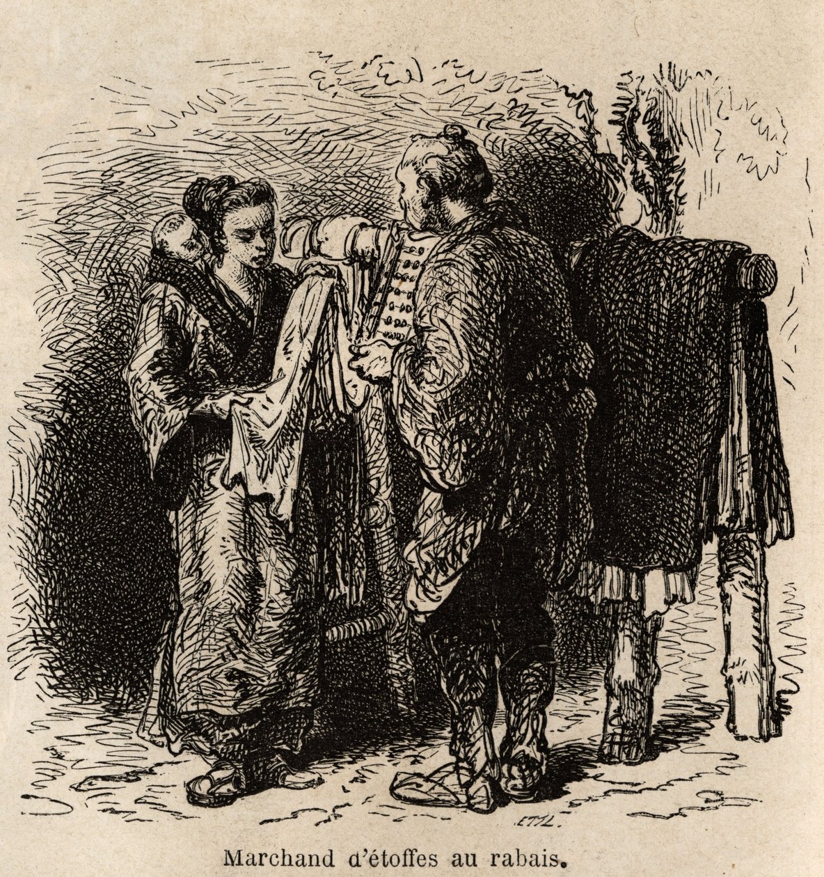Een korting stoffenhandelaar maakt het artikel aan een jonge vrouw die haar peuter op haar rug draagt. Gravure ter illustratie van de reis naar Japan, door Aime Humbert, minister van de Zwitserse Confederatie, in 1863-1864, gepubliceerd in 