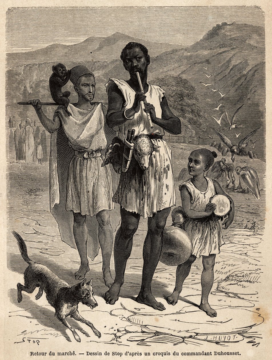 Een fluitspeler, vergezeld door een kleine trommelaar en een aap, show; de twee schapenkoppen die aan de riem van de bandleider hangen, zullen hun avondeten zijn. Gravure ter illustratie van de excursie naar de grote Kabilie, tussen de Middellandse Zee en  door Unknown artist