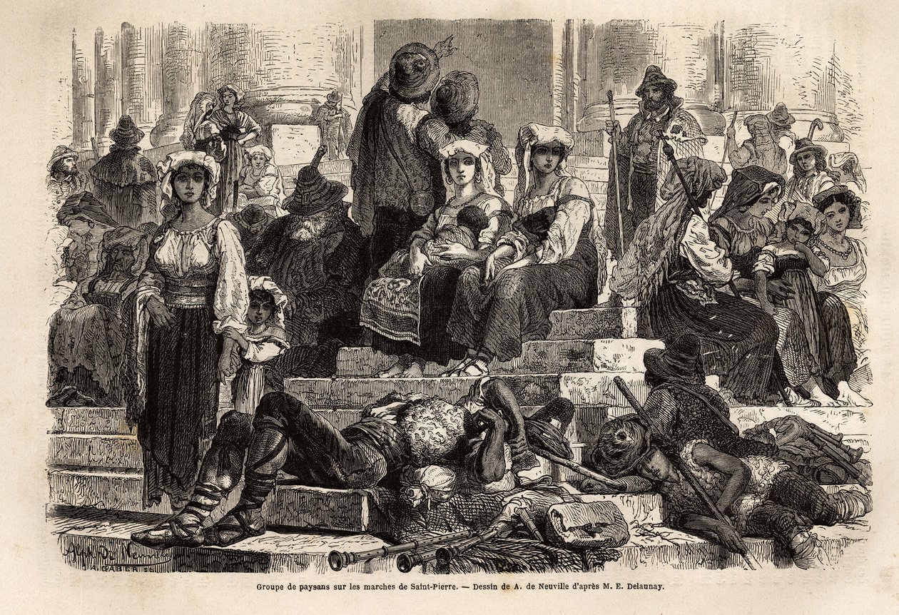 Een groep boeren en herders verzamelt zich voor de viering van de Goede Week op de trappen van Sint-Pieter in het Vaticaan door Unknown artist