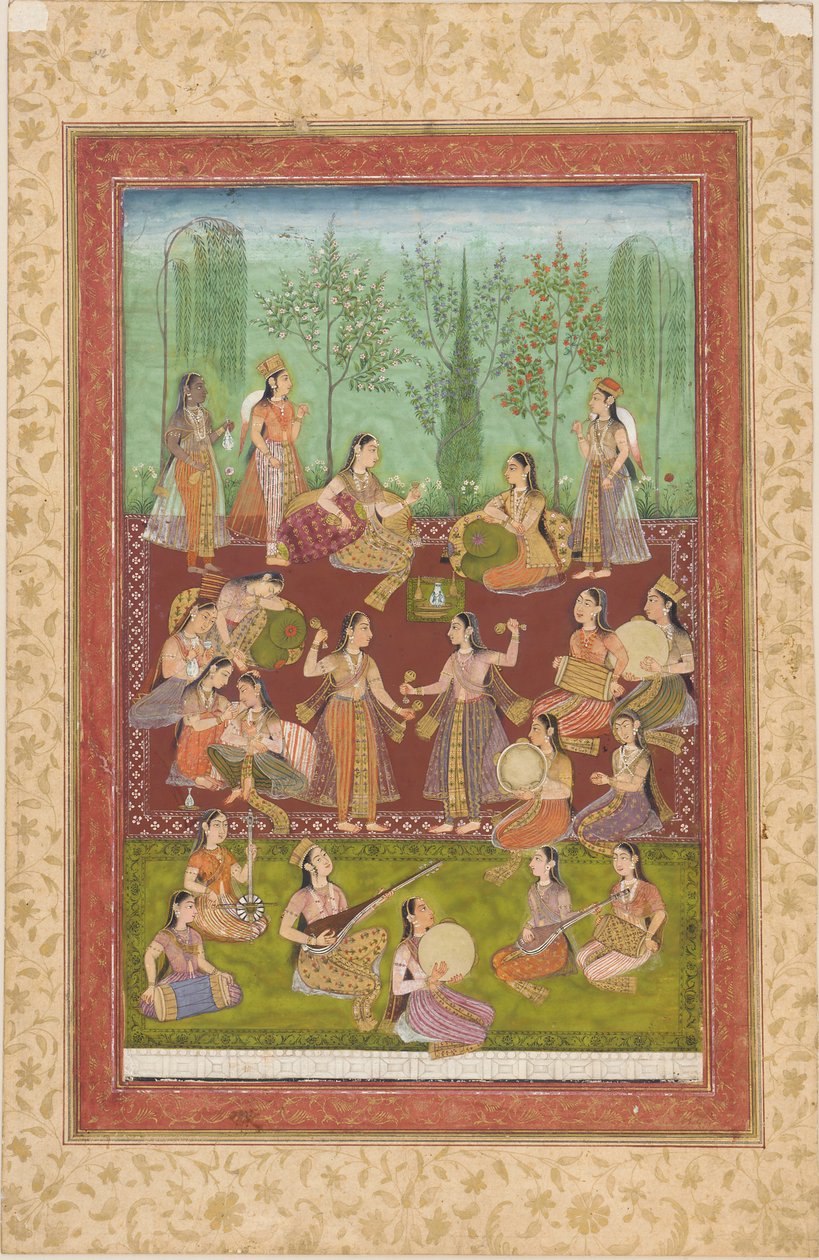 Een Groep Vrouwen in een Tuin, Zichzelf Vermakend met Muziek en Dans door Unknown artist