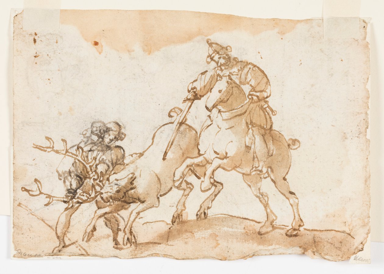 Een ruiter die een hert doodt, voorlopige ontwerp voor De hertenjacht van keizer Frederik Barbarosa en Ubaldo Ubaldini door Unknown artist