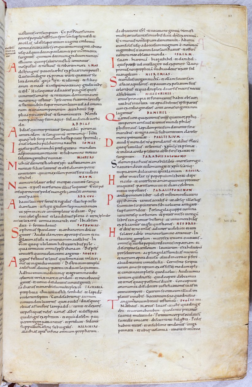 Een pagina uit de 11e eeuwse Bijbel die de verschillende boeken van het Oude Testament introduceert door Unknown artist
