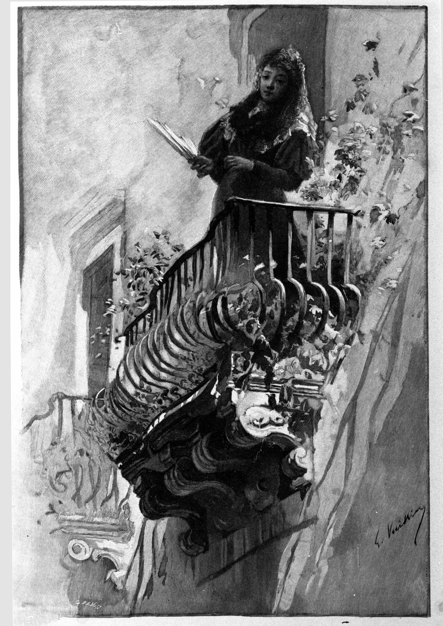 Een mooie vrouw heeft haar bloeiende balkon op een zomeravond in Syracuse. Sicilië Gravure uit de 19e eeuw door Unknown artist