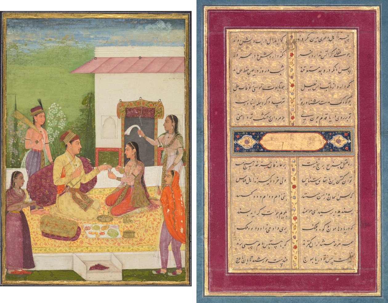 Een prins in gesprek met een vrouw terwijl hij verfrissingen neemt op een terras (recto); Kalligrafie (verso) door Unknown artist