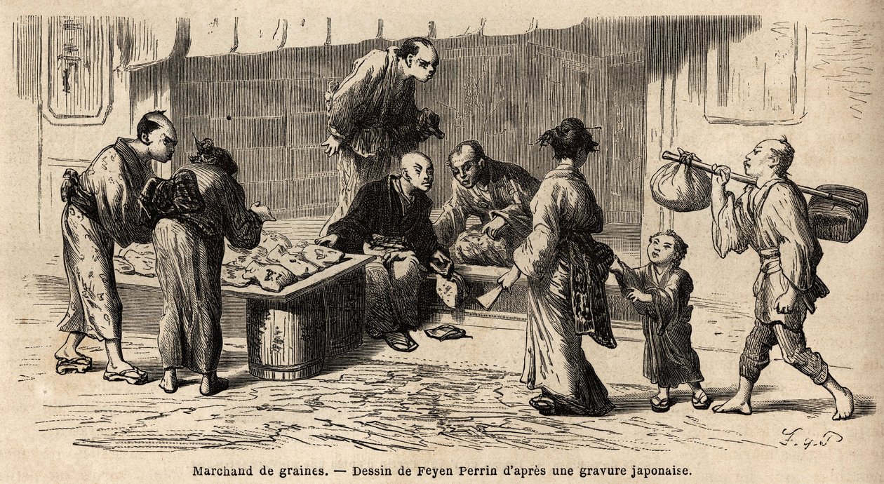 Een zaadhandelaar midden op straat. Gravure ter illustratie van de reis naar Japan, in 1863-1864, door Aime Humbert, minister van de Zwitserse Confederatie, in 