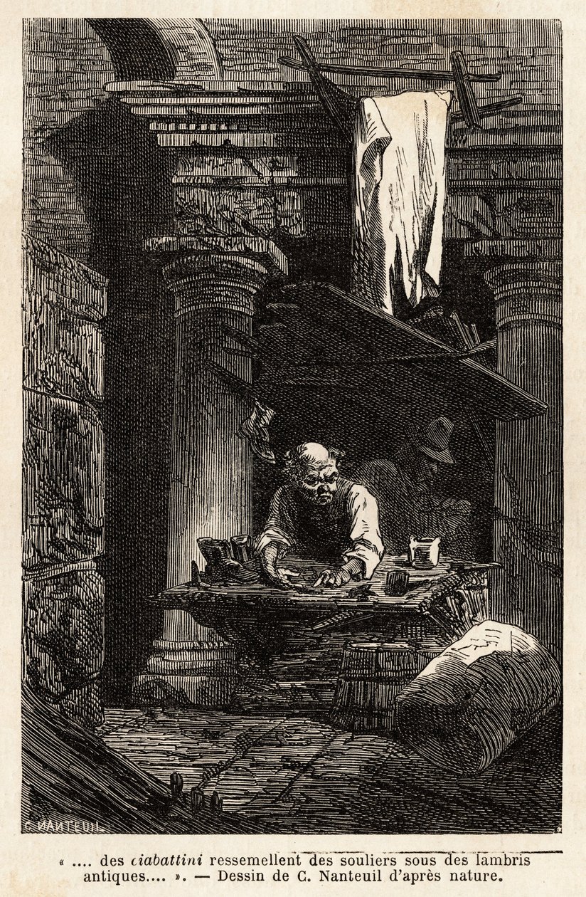 Een schoenmaker, die zijn winkel heeft opgezet en werkt in oude ruïnes. Gravure ter illustratie van de reis naar Rome, door Francis Wey, in 1864-1868, gepubliceerd in 