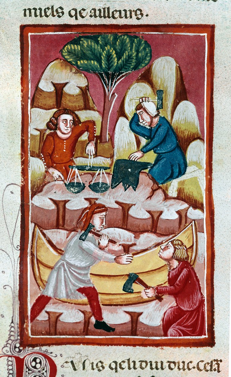 Een handelaar die een weegschaal gebruikt, een smid die op een aambeeld slaat, twee arbeiders die aan een boot werken in een scheepswerf. Miniatuur uit "De Daden van de Romeinen" 13e eeuw Venetië, Biblioteca Marciana door Unknown artist