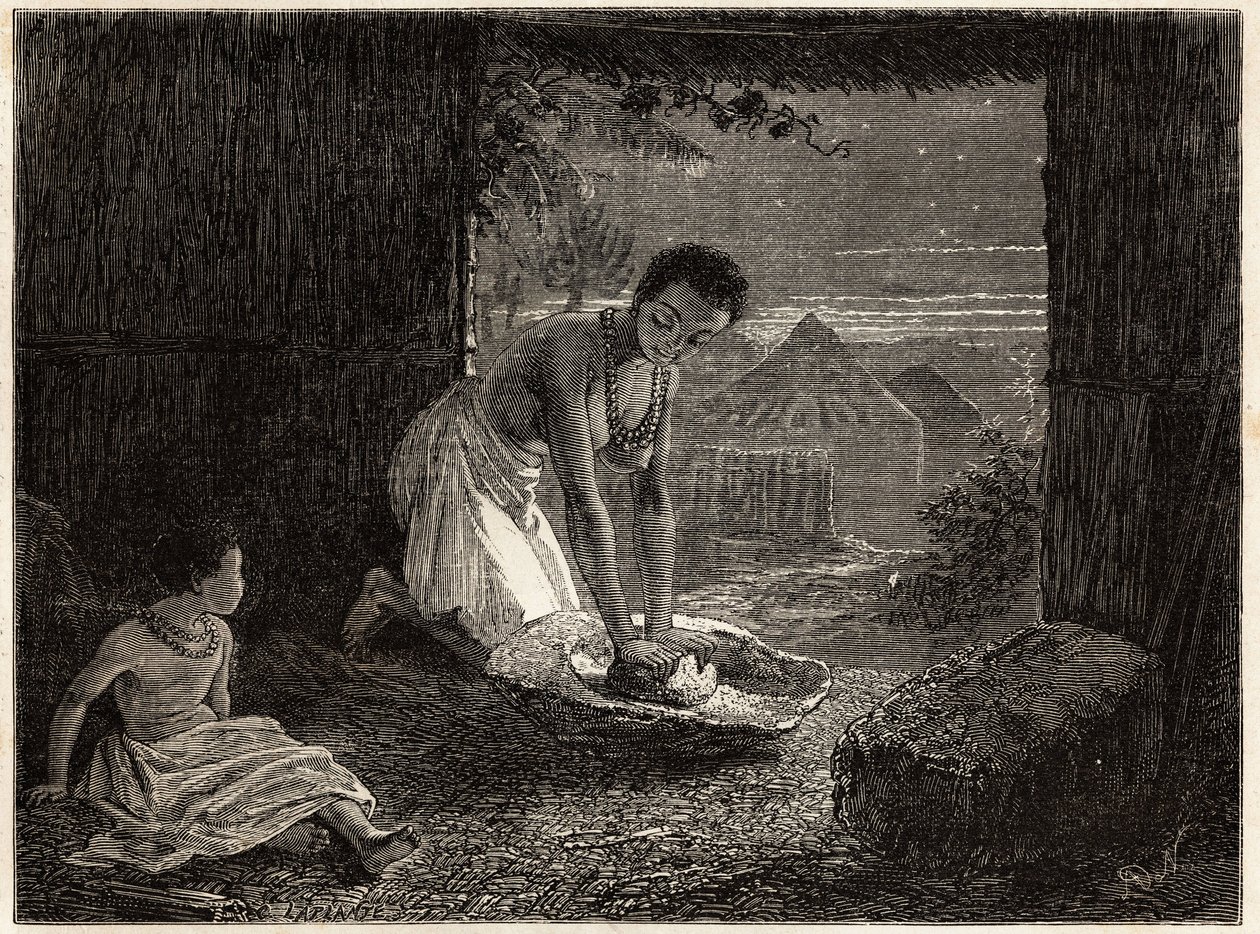 Een vrouw die graan maalt in een brander, de molen bestaat uit een stationair blok graniet in de vorm van een trog en een stuk convex kwarts. Gravure ter illustratie van Dr. Livingstone