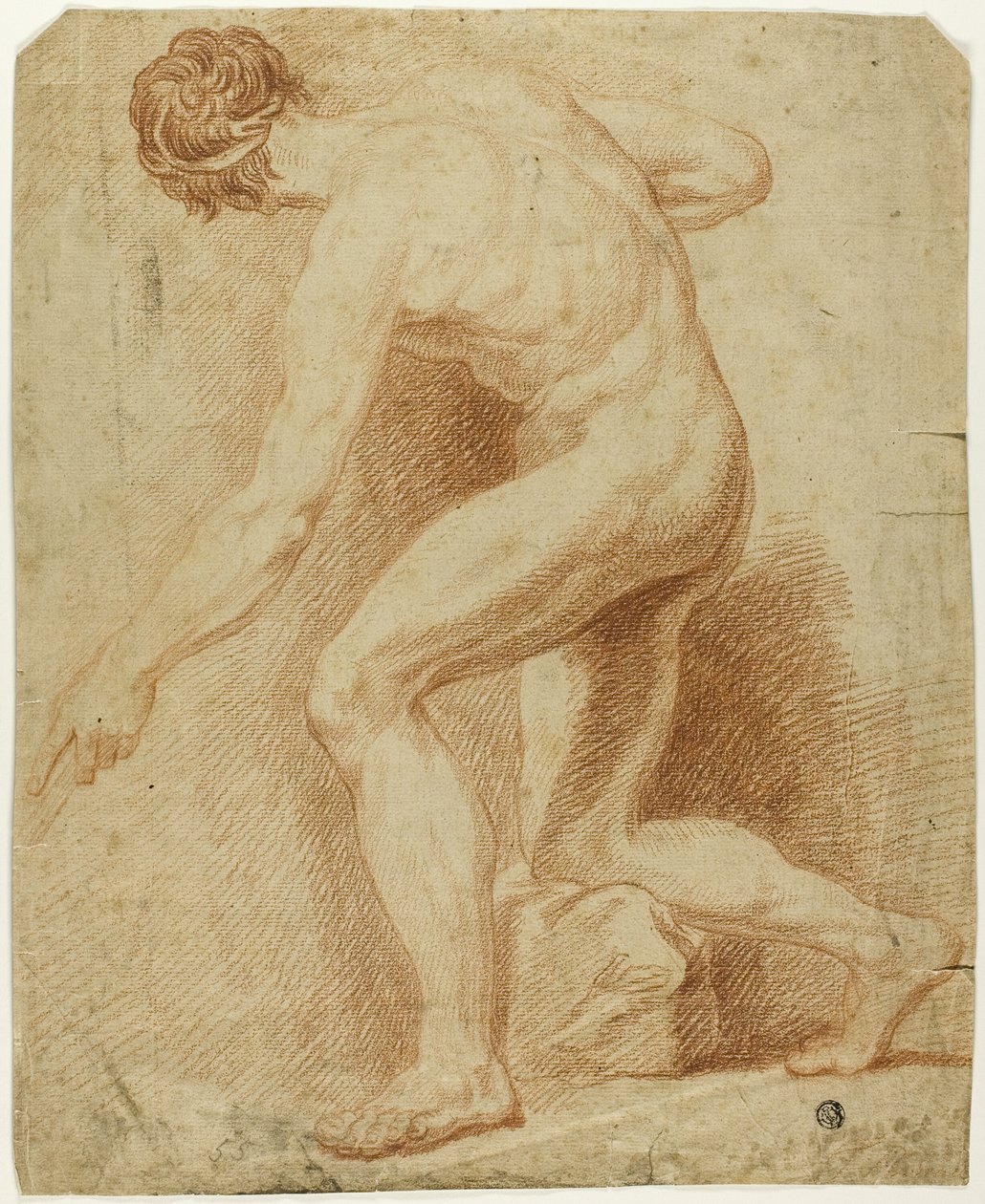 Academisch mannelijk naakt, halfknielend en op de rug gezien door Unknown artist