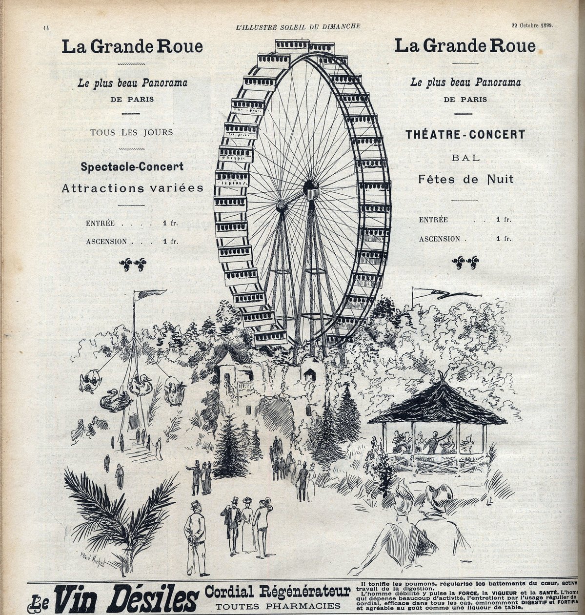 Reclame voor het reuzenrad in Parijs dat het mooiste panorama van de stad biedt voor 1 frank. Gravure in 