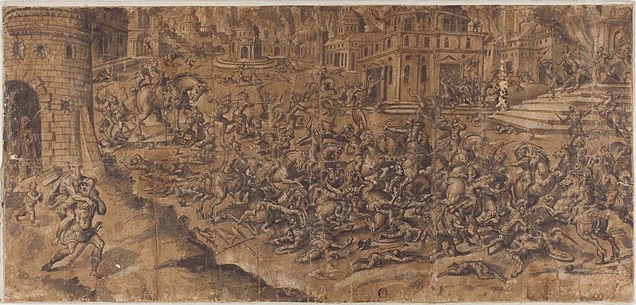 Aeneas verlaat de brandende stad Troje door Unknown artist