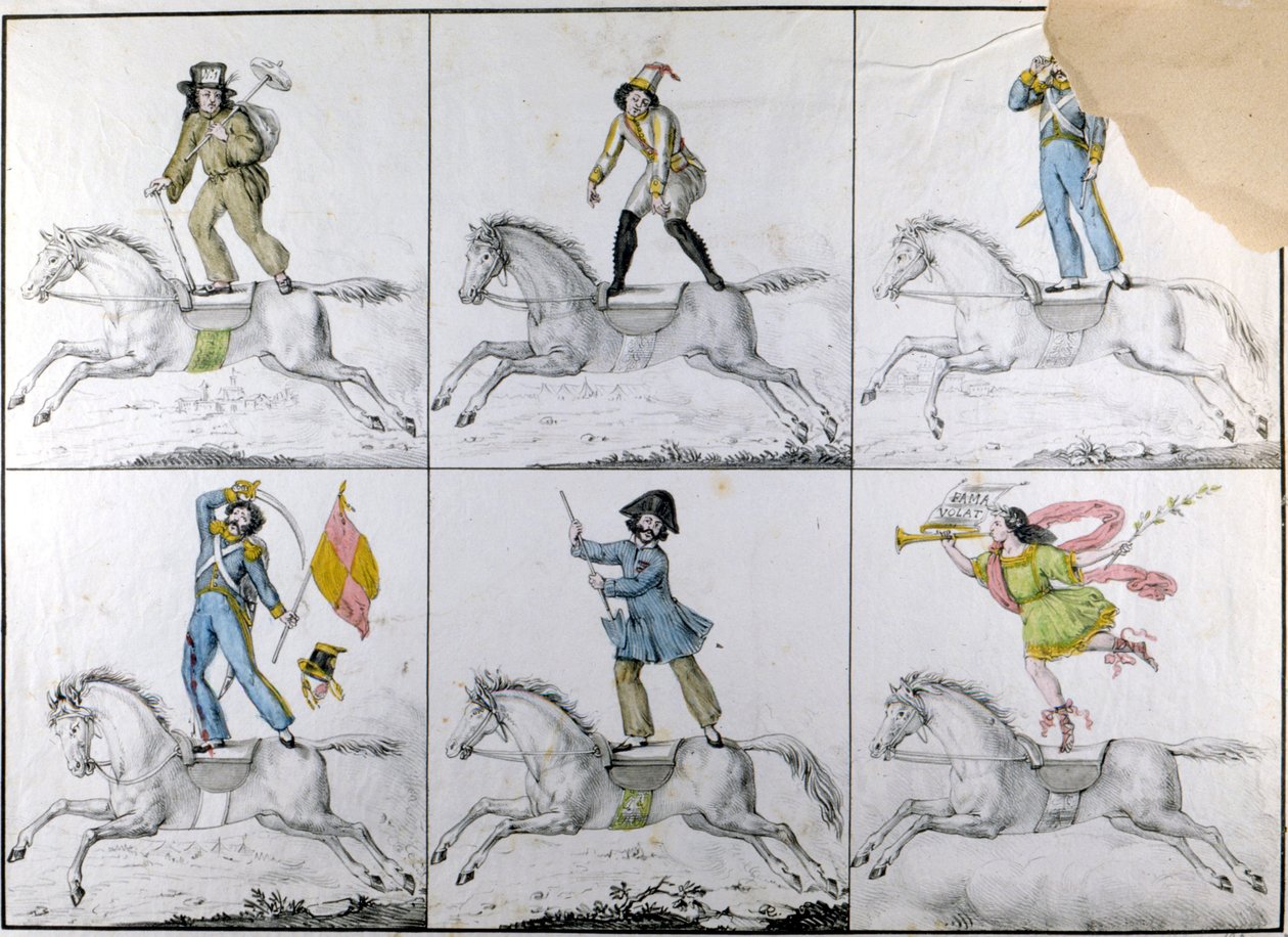 Aerobatiek: Acrobatische oefeningen te paard. Gravure door Unknown artist