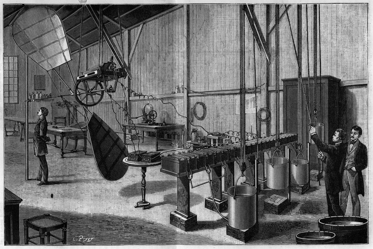 Aerostatisch werkplaats van Tissandier broers: Overzicht van een propeller met twee helicoides pallets aangedreven door een Siemens dynamo elektrische machine en een batterij van lichte potas bichromaat batterijen. Gravure uit 1883 in “La Nature. Review of door Unknown artist