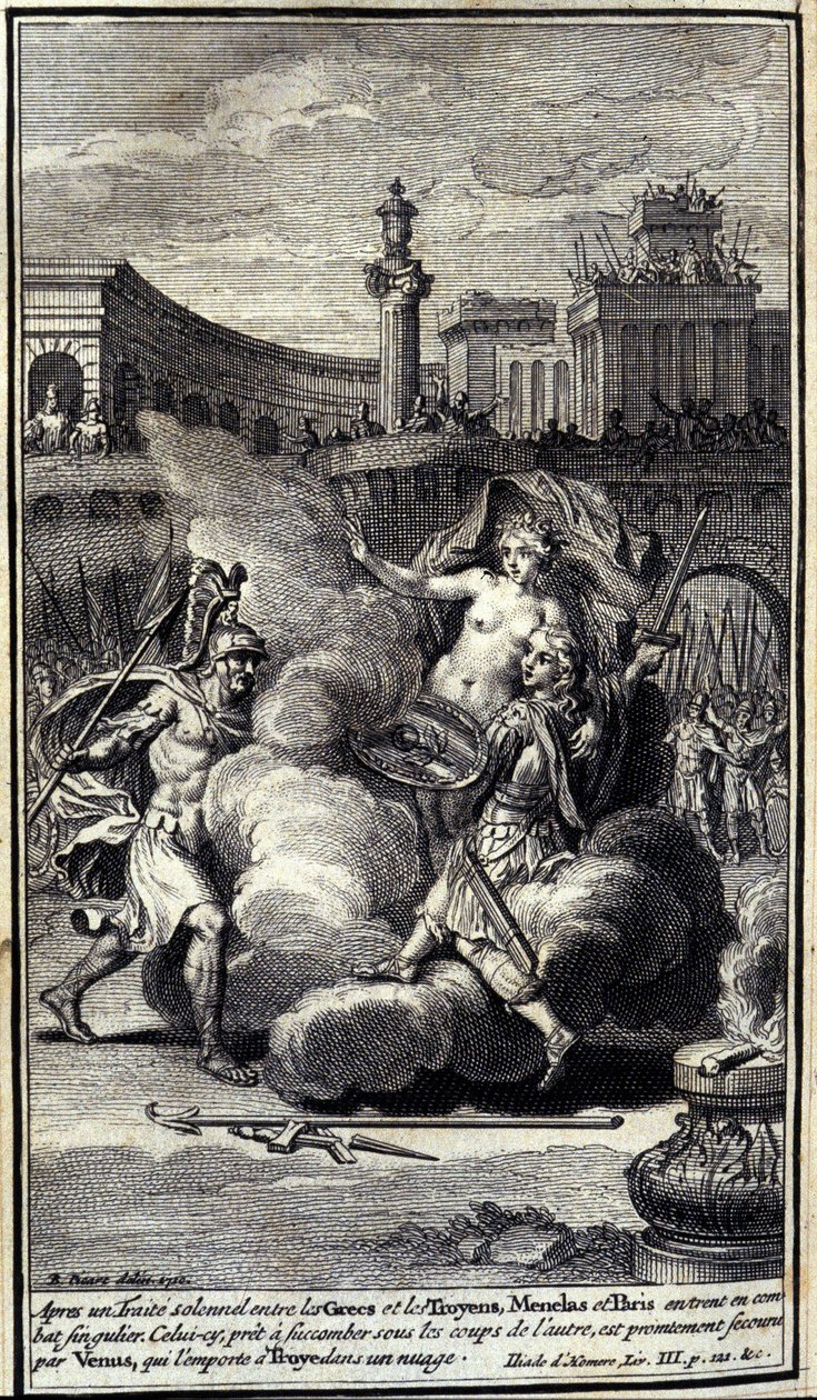 Na een plechtige overeenkomst tussen de Grieken en de Trojanen, gingen Menelas en Paris een enkel gevecht aan. Deze, klaar om te bezwijken onder de slagen van de ander, wordt gered door Venus die Troyes in een wolk wint. Illustratie van boek III van de Ili door Unknown artist
