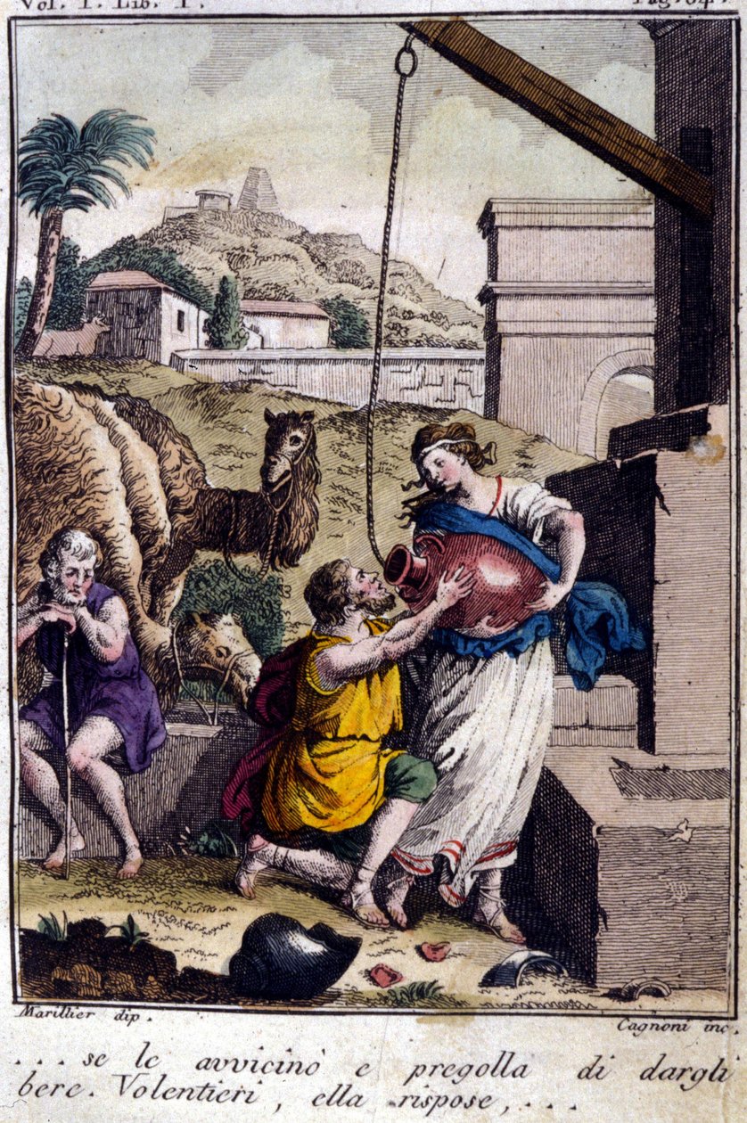 Agar bij de bron: ik nader haar en vraag haar om een drankje. Ze zal antwoorden... Gravure uit het begin van de 19e eeuw door Unknown artist