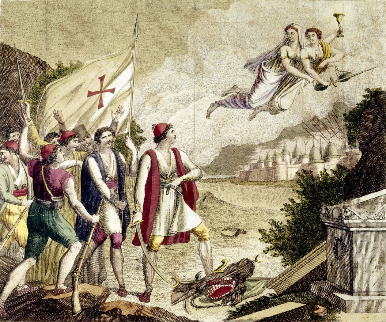 Allegorie van het ontwaken van het nationalistische gevoel van Griekenland onder Ottomaanse overheersing dat leidde tot de Griekse Onafhankelijkheidsoorlog (1821-1830) of de Griekse Revolutie. door Unknown artist
