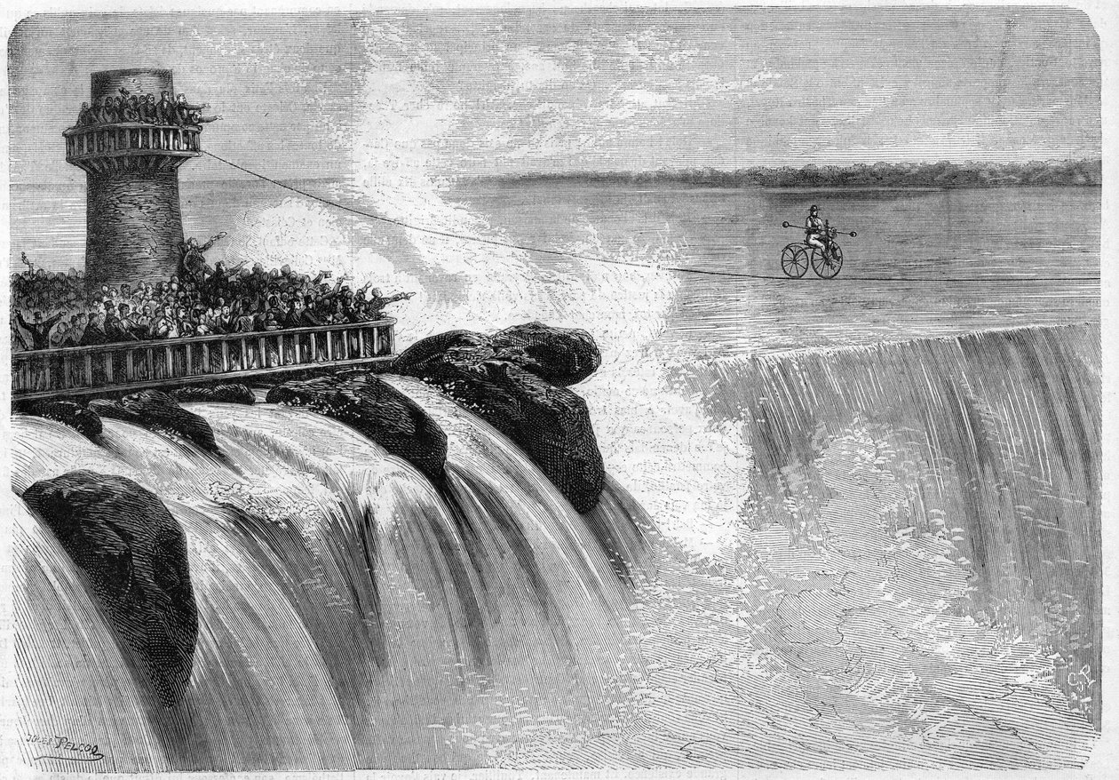 Amerikaanse Jenkins steekt de Niagara Falls over op een Velocipede in 1869 door Unknown artist