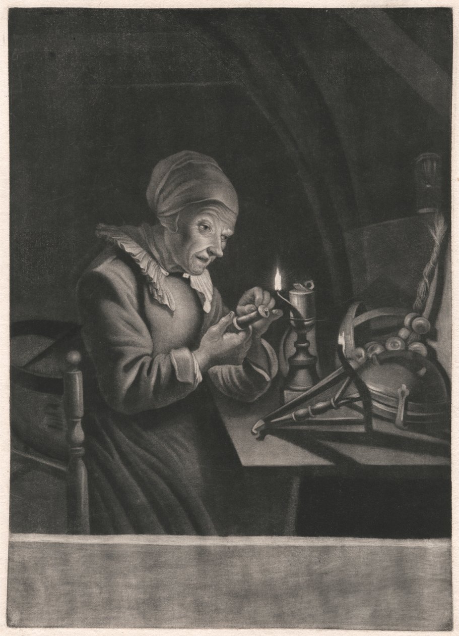 Een oude vrouw repareert haar spinnewiel door Unknown artist