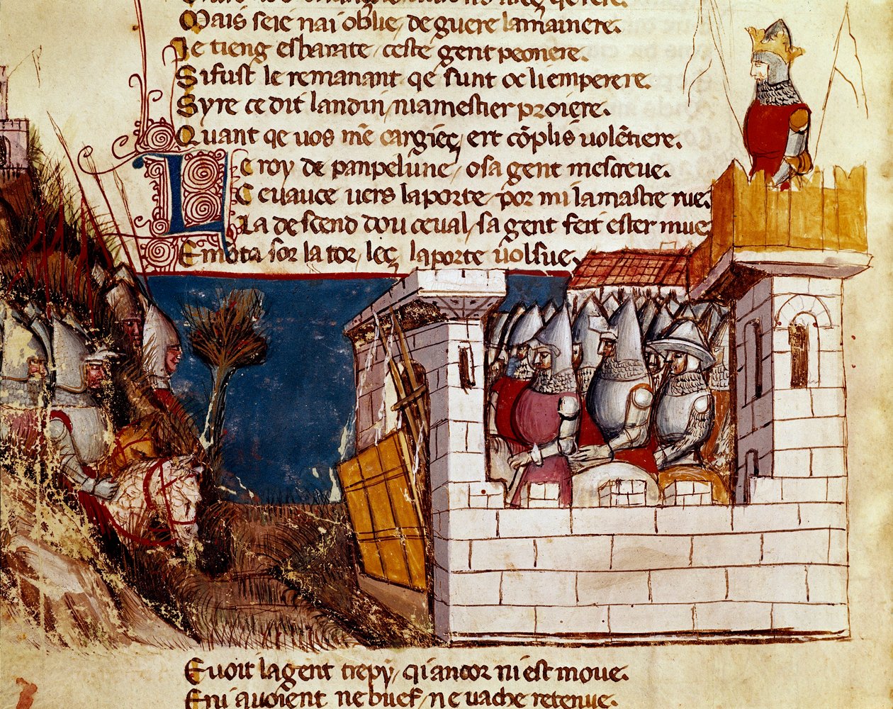 Een leger (van de koning van Pamplona?) zoekt toevlucht in een kasteel en beklimt de ophaalbrug door Unknown artist