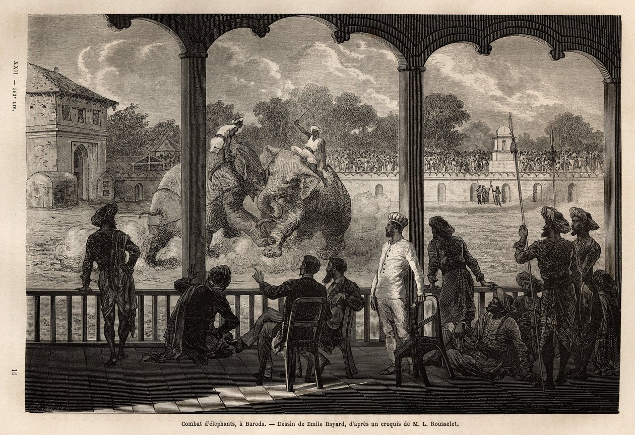Een olifantengevecht in Baroda, Gujarat, India. Gravure ter illustratie van de reis in India van de Rajahs, door Louis Rousselet, 1864-1868, gepubliceerd in 