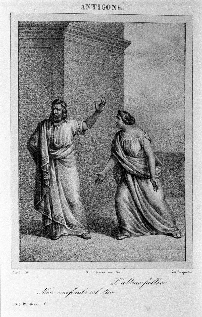 Antigone Act 4, scène 5. Italiaanse tragedie door Vittorio Alfieri geschreven in 1783 na Griekse mythologie. Gravure uit de 18e eeuw. door Unknown artist
