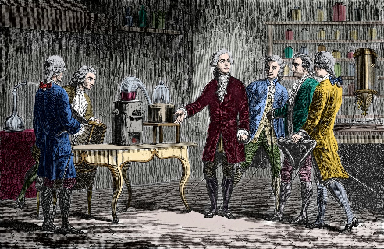 Antoine Laurent Lavoisier (1743-1894) voert de ontleding van lucht uit in 1776 - Antoine Laurent Lavoisier Engelse chemicus, toont mede-wetenschappers zijn experiment dat de samenstelling van lucht onthulde in 1776 - Gravure van Louis Figuier door Unknown artist