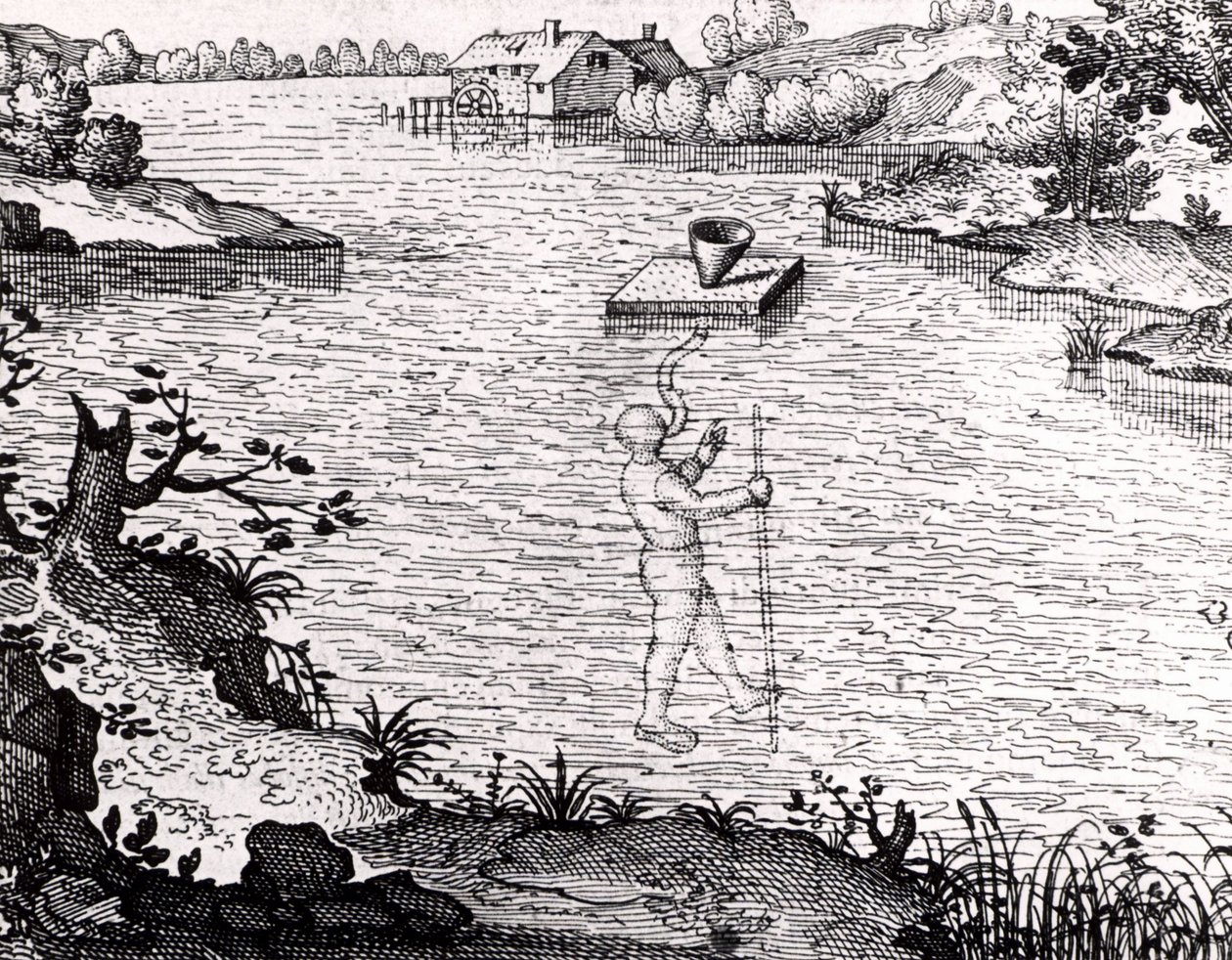 Apparaat om een duiker onder water te laten ademen door Unknown artist