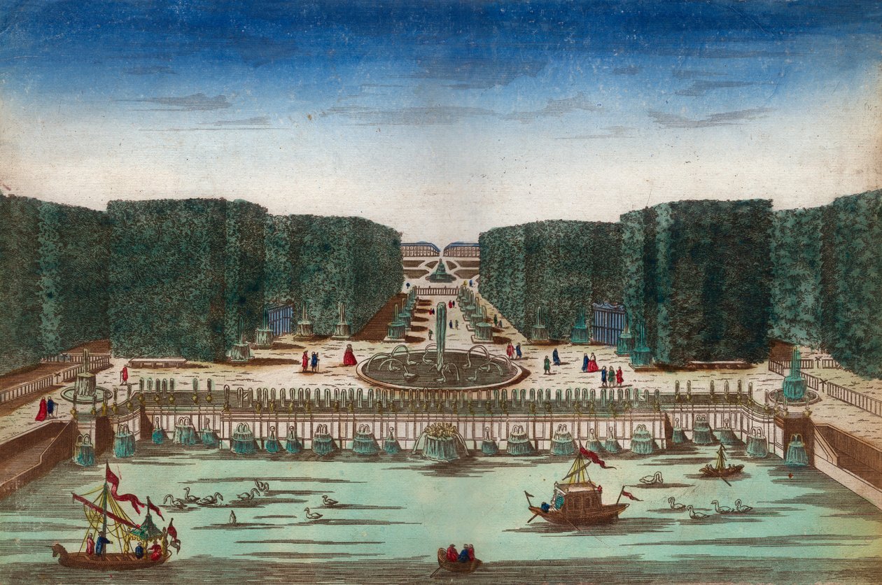 Aquae Lapsus in Hortis Versalicis - Optisch uitzicht dat de watervallen van Versailles in de 18e eeuw voorstelt - Illustratie rond 1760 door Unknown artist