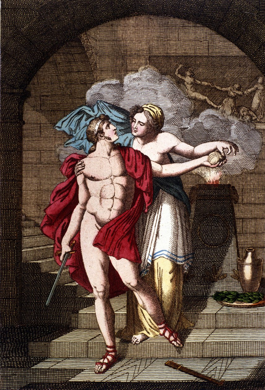 Ariadne geeft Theseus de draad zodat hij uit het doolhof kan komen - in Dizionario mitologico door Unknown artist