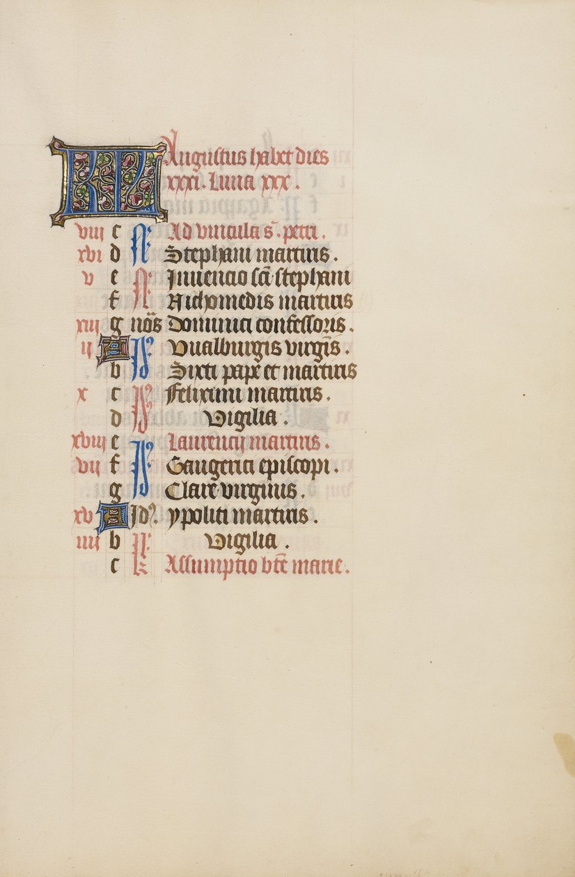 Augustus kalenderpagina door Unknown artist