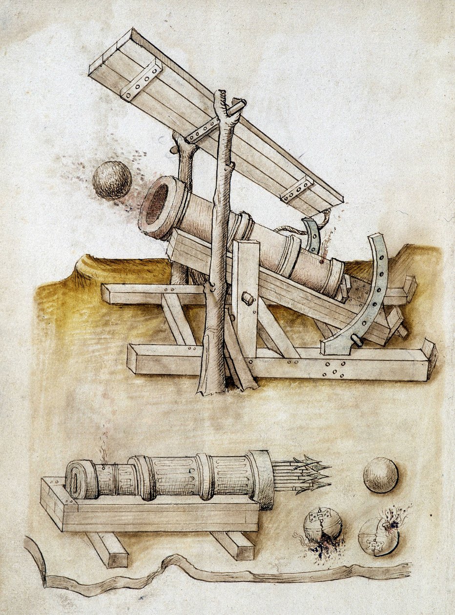 Kanon en pijlengeweer - Manuscript: perkamentblad van een ingenieurshandboek voor de bouw van civiele, religieuze en militaire gebouwen, anoniem, laat 15e eeuw (figuur in Chinese inkt) door Unknown artist